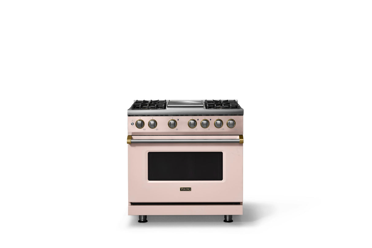 36"W. Dual Fuel Range (Burner: 4g, Finish: Blush, Trim: Brushed Brass, Fuel: Propane)