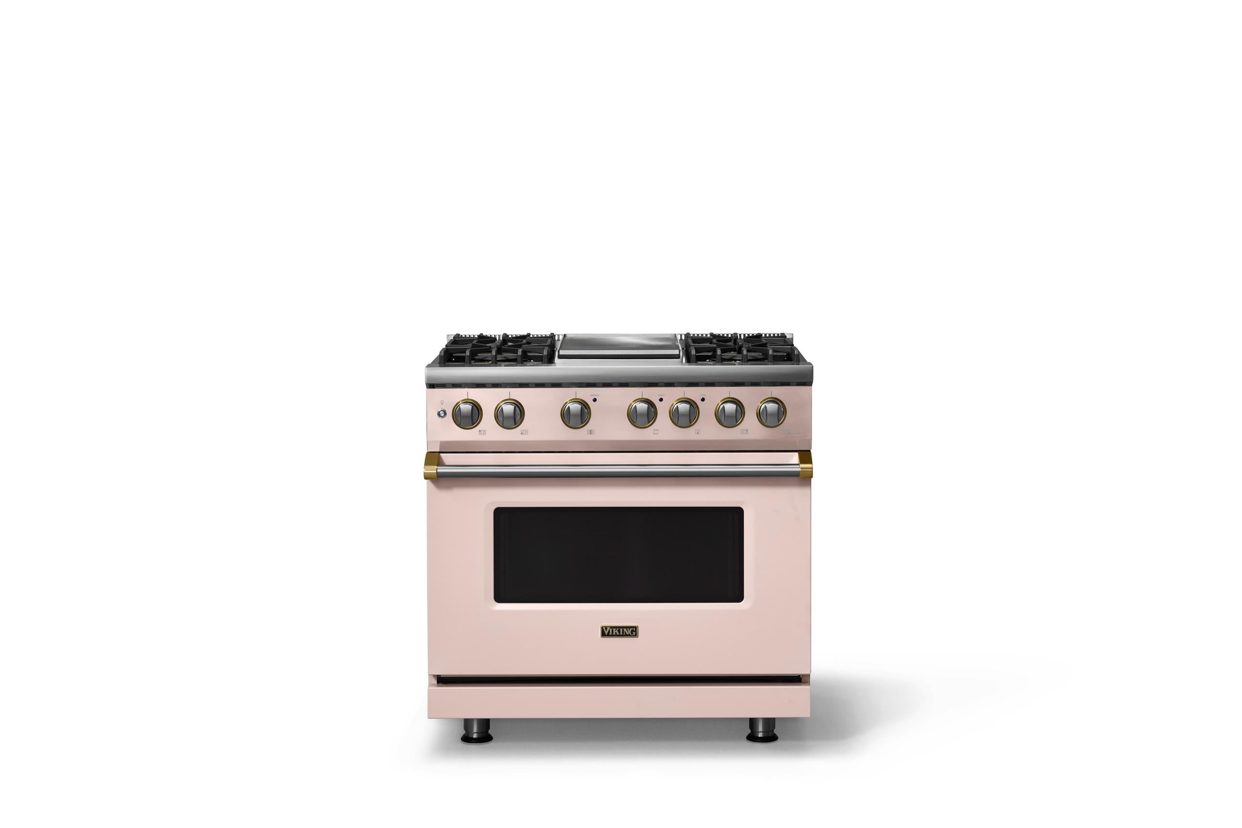 36"W. Dual Fuel Range (Burner: 4g, Finish: Blush, Trim: Brushed Brass, Fuel: Propane)