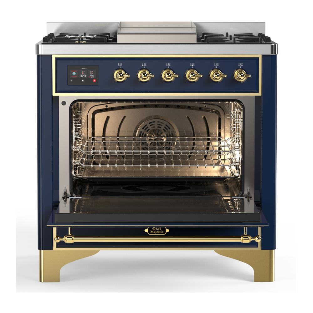 ILVE UM36FQNR3MBGLP Majestic III 36 inch Dual Fuel Range with 6 Black Brass Burners and Griddle, Dual Function Burner up to 25,000 BTU (Solid Door, Midnight Blue, Brass, Liquid Propane)
