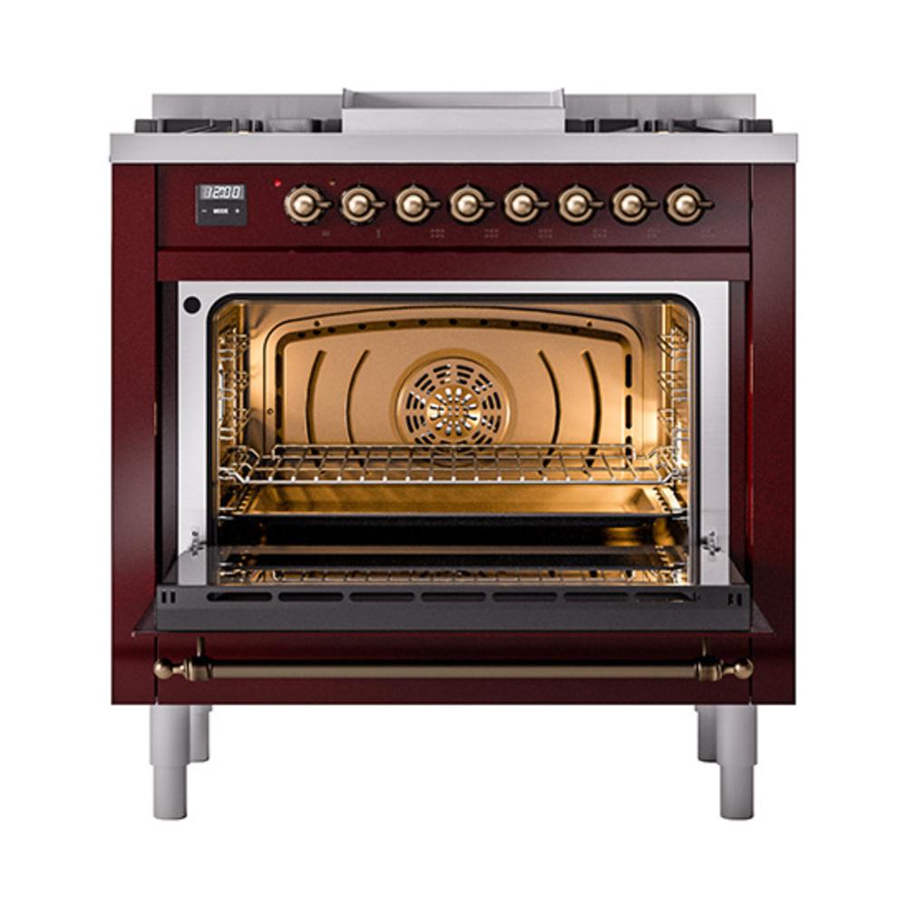 ILVE UN36FNMPBUBLP Nostalgie II Noblesse 36 inch Dual Fuel Range (Liquid Propane, Triple Glass Door, Burgundy, Burnished)