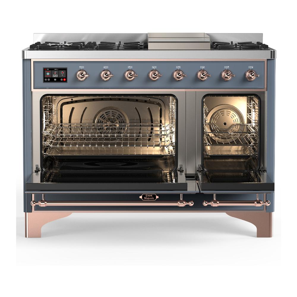 ILVE UM48FQNR3BGPLP Majestic III 48 inch Dual Fuel Range with 8 Burners and Griddle, Dual Function Burner up to 25,000 BTU (Liquid Propane, Solid Door, Blue Grey, Copper)