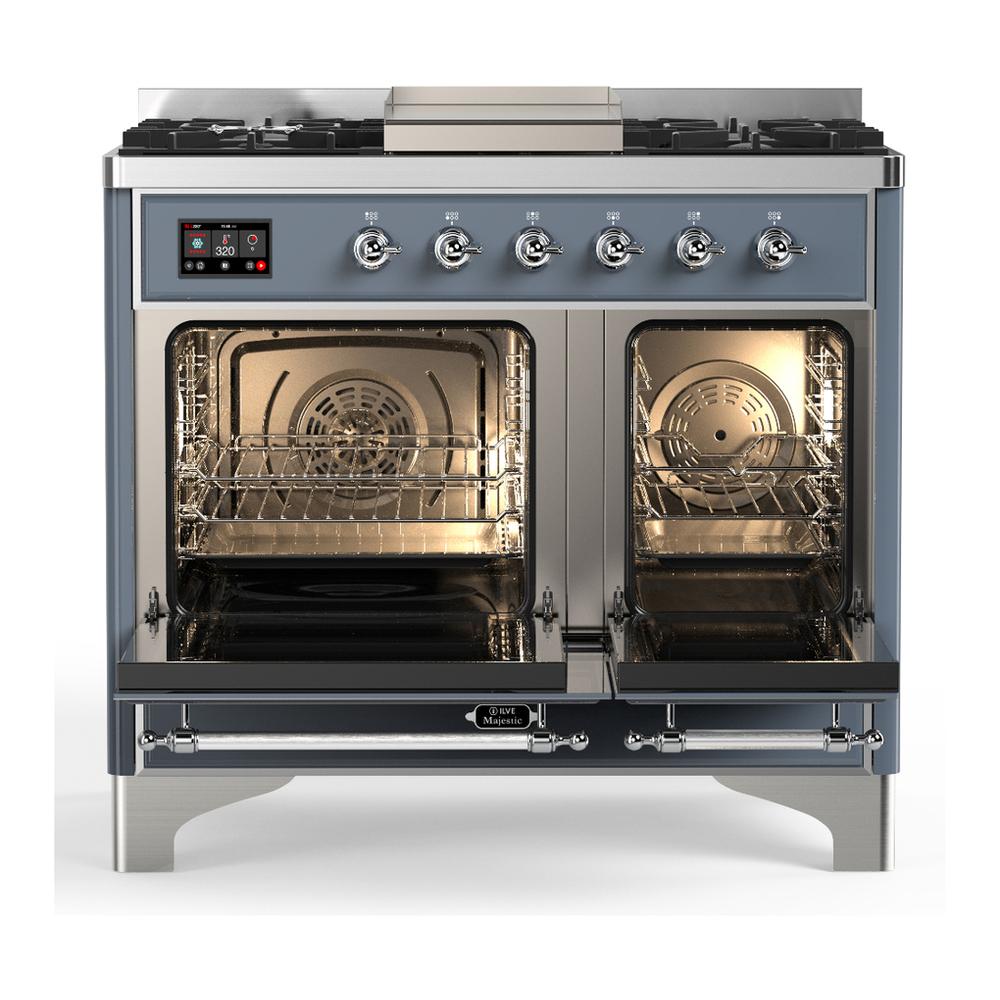 ILVE UMD40FNR3BGCLP Majestic III 40 inch Dual Fuel Range with 6 Burners and Griddle, Dual Function Burner up to 25,000 BTU (Liquid Propane, Triple Glass Door, Blue Grey, Chrome)