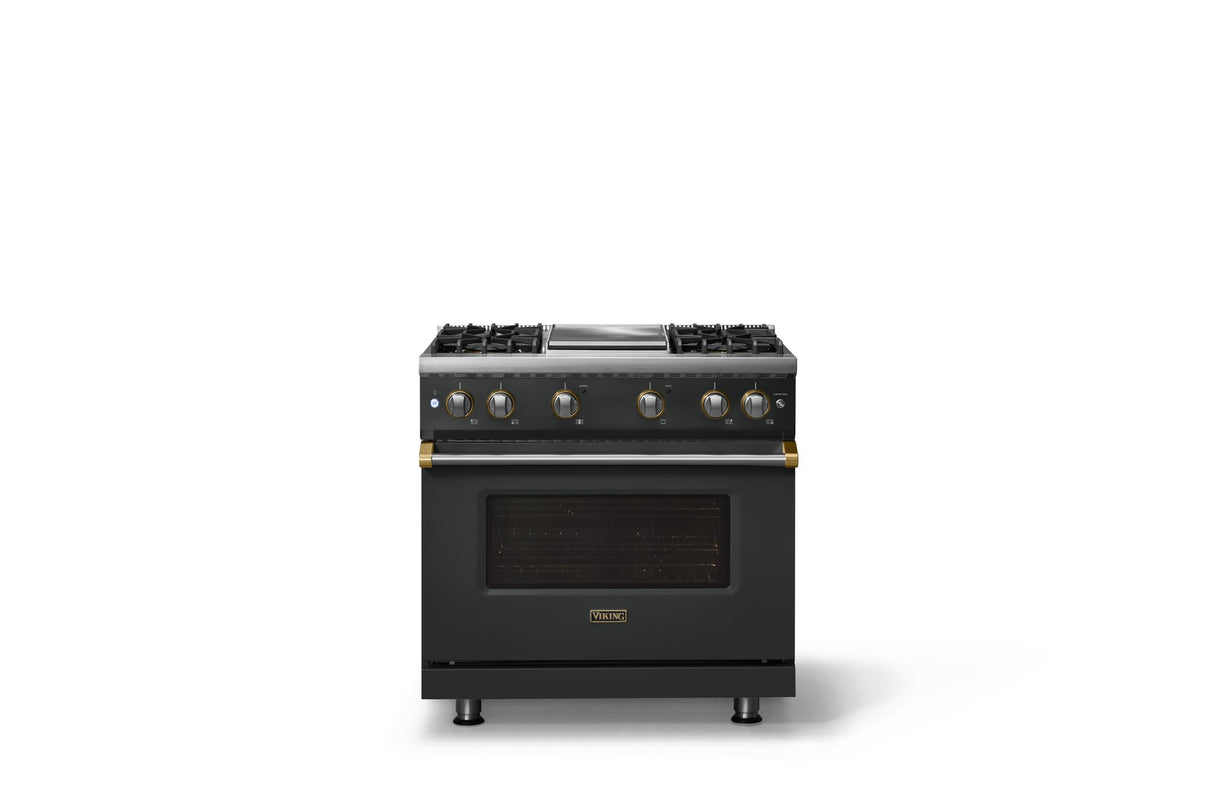 36"W. Sealed Burner Gas Range (Burner: 4g, Finish: Antique Bronze, Trim: Brushed Brass, Fuel: Propane)