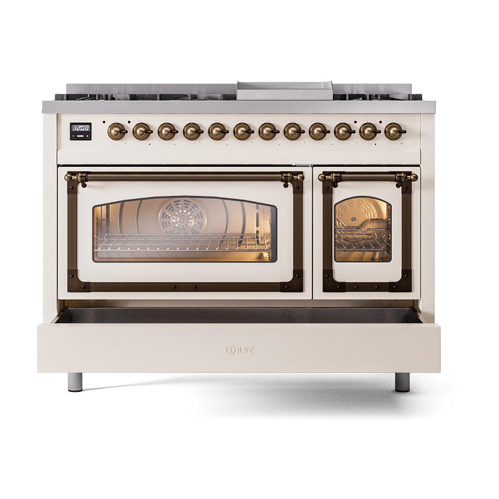 ILVE UN48FNMPAWB Nostalgie II Noblesse 48 inch Dual Fuel Range (8 Sealed Burners + Griddle, Natural Gas, Triple Glass Door, Antique White, Burnished)
