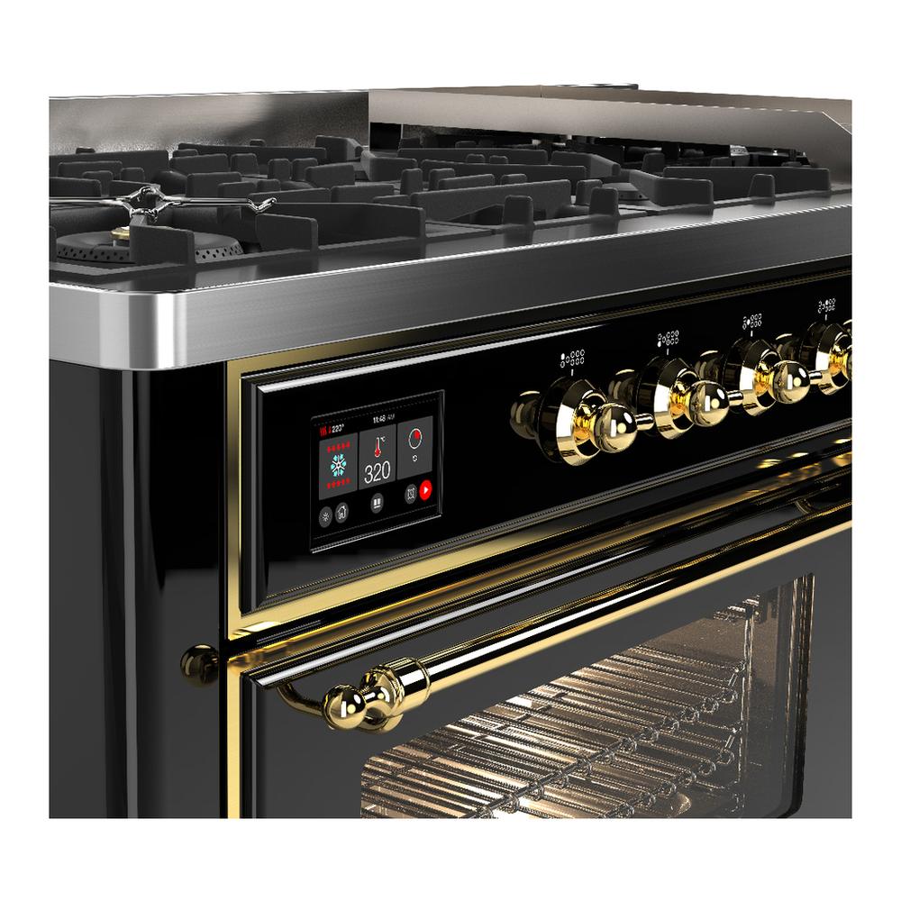 ILVE UM60FNR3BKGLP Majestic III 60 inch Dual Fuel Range with 9 Burners and Griddle, Dual Function Burner up to 25,000 BTU (Liquid Propane, Triple Glass Door, Glossy Black, Brass)