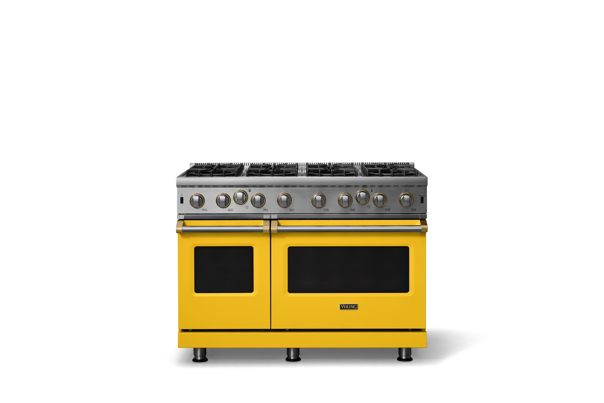 48"W. Open Burner Gas Range (Finish: Daffodil, Trim: Brushed Brass, Fuel: Natural Gas)
