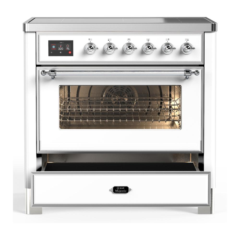 ILVE UMIB36NR3WHC Majestic III 36 inch Induction Range with 6 Elements, 3.5 cu. ft. Total Oven Capacity (Triple Glass Door, White, Chrome)