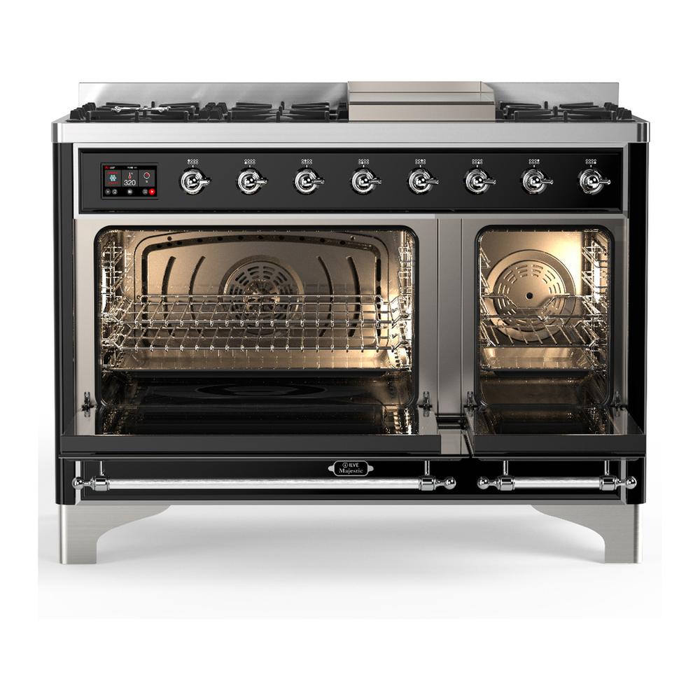 ILVE UM48FNR3BKC Majestic III 48 inch Dual Fuel Range with 8 Burners and Griddle, Dual Function Burner up to 25,000 BTU (Natural Gas, Triple Glass Door, Glossy Black, Chrome)