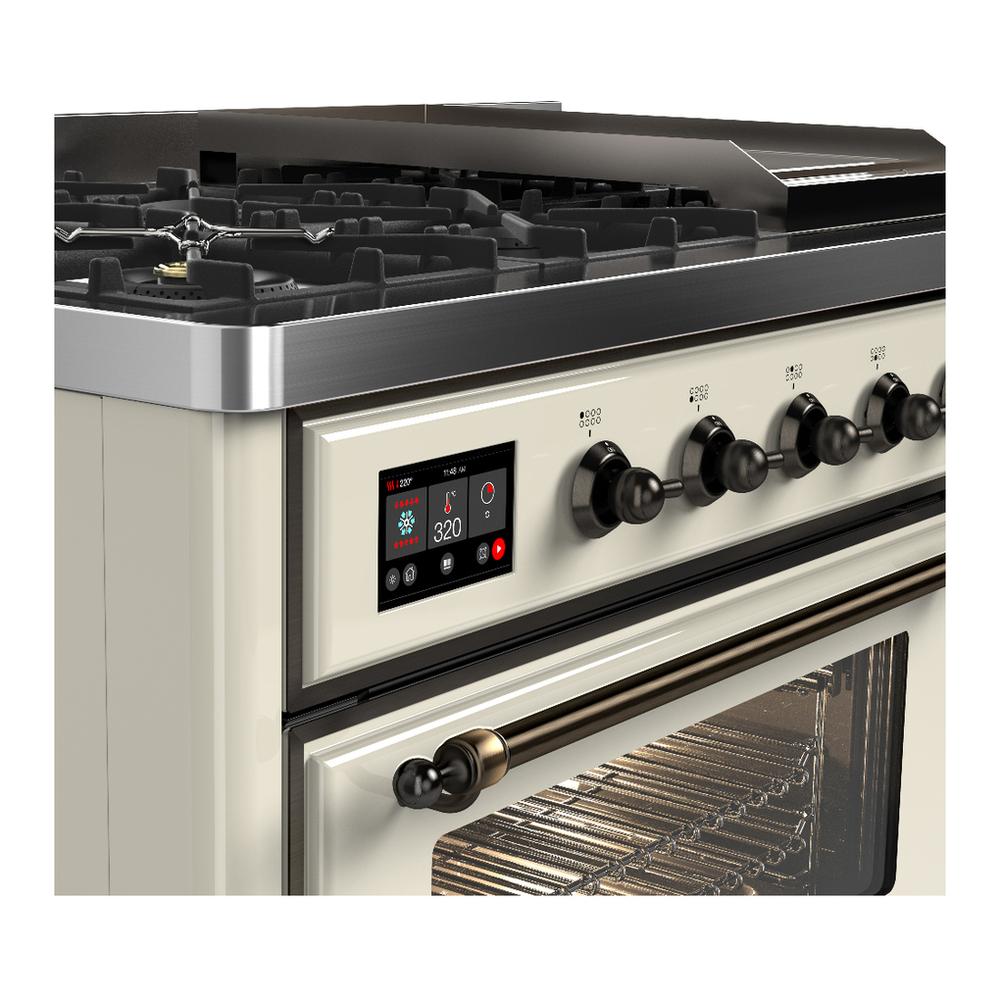 ILVE UM48FNR3AWB Majestic III 48 inch Dual Fuel Range with 8 Burners and Griddle, Dual Function Burner up to 25,000 BTU (Natural Gas, Triple Glass Door, Antique White, Burnished)