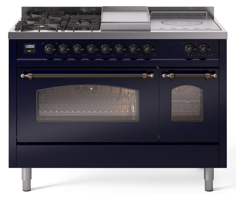 Nostalgie II 48 Inch Dual Fuel Natural Gas Freestanding Range in Blue with Bronze Trim