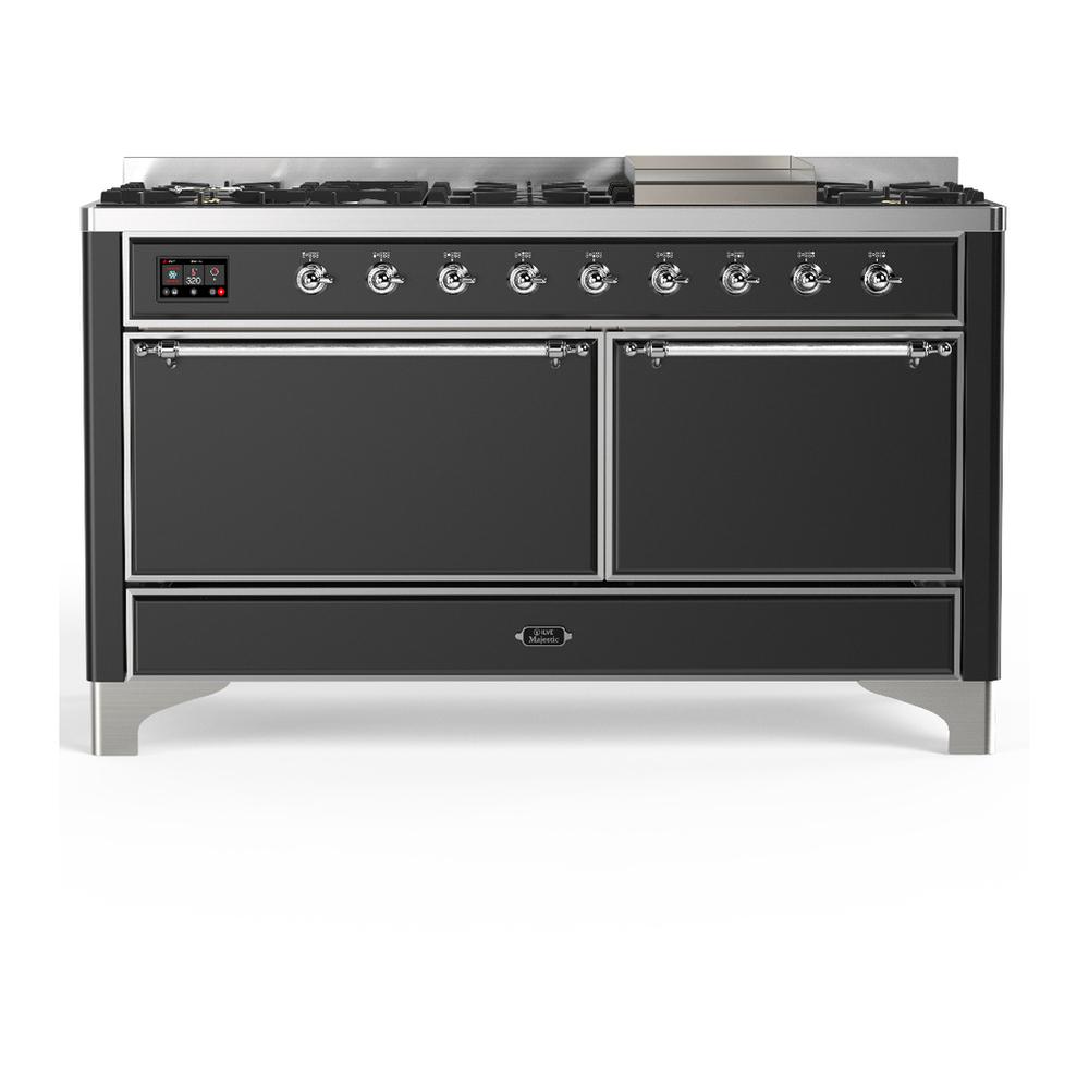 ILVE UM60FQNR3MGC Majestic III 60 inch Dual Fuel Range with 9 Burners and Griddle, Dual Function Burner up to 25,000 BTU (Natural Gas, Solid Door, Graphite Matte, Chrome)