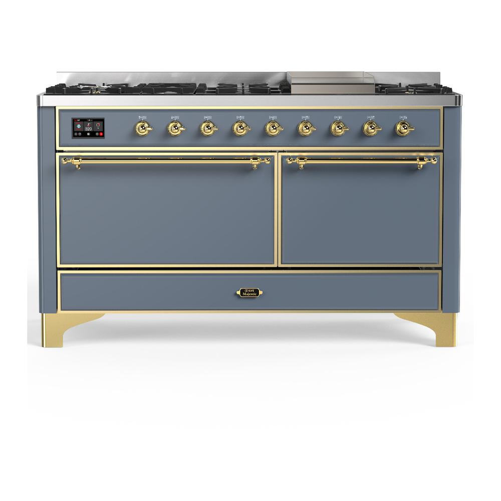 ILVE UM60FQNR3BGG Majestic III 60 inch Dual Fuel Range with 9 Burners and Griddle, Dual Function Burner up to 25,000 BTU (Natural Gas, Solid Door, Blue Grey, Brass)