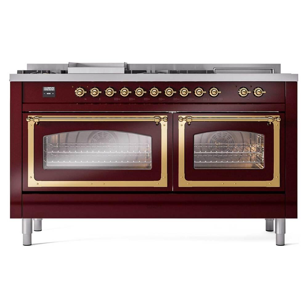 ILVE UN60FSNMPBUG Nostalgie II Noblesse 60 inch Dual Fuel Range (7 Sealed Burners + Griddle + French Top, Natural Gas, Triple Glass Door, Burgundy, Brass)
