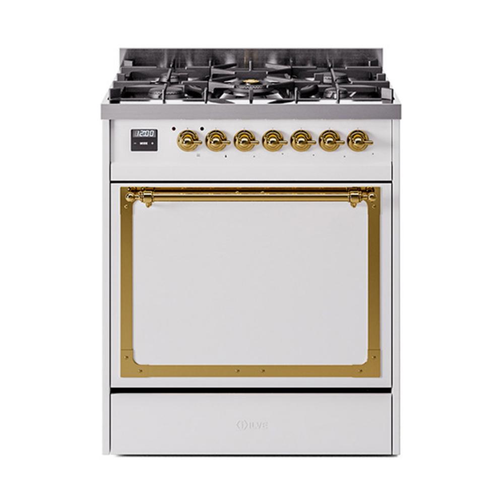 ILVE UN30QNMPWHGLP Nostalgie II Noblesse 30 inch Dual Fuel Range (Liquid Propane, Solid Door, White, Brass)