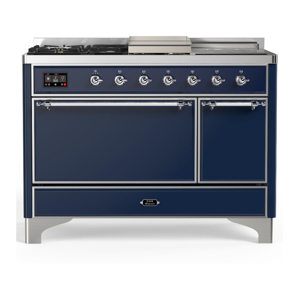 ILVE UM48FSQNR3MBCLP Majestic III 48 inch Dual Fuel Range with 5 Black Brass Burners, Griddle and French Top, Dual Function Burner up to 25,000 BTU (Liquid Propane, Solid Door, Midnight Blue, Chrome)