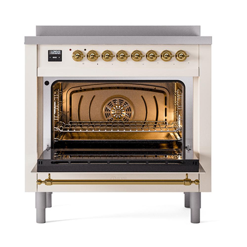 ILVE UNI366NMPAWG Nostalgie II Noblesse 36 inch Induction Range (Triple Glass Door, Antique White, Brass)