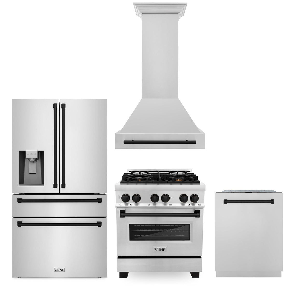 ZLINE 30" Autograph Edition Kitchen Package with Stainless Steel Dual Fuel Range, Range Hood, Dishwasher and Refrigeration with Matte Black Accents (4AKPR-RARHDWM30-MB)