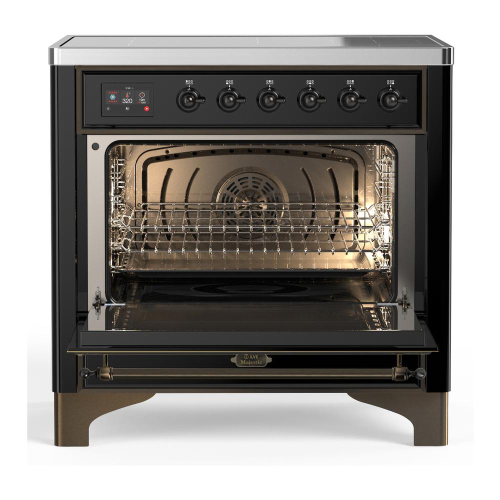 ILVE UMIB36QNR3BKB Majestic III 36 inch Induction Range with 6 Elements, 3.5 cu. ft. Total Oven Capacity (Solid Door, Glossy Black, Burnished)