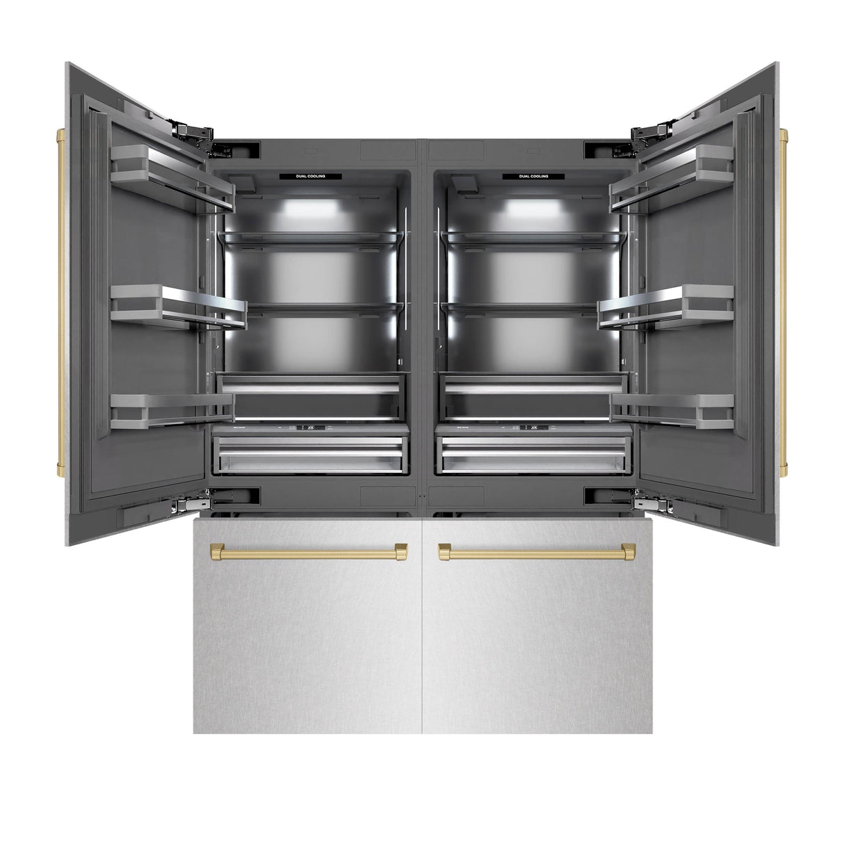 ZLINE Autograph Edition 60 in. 32.2 cu. ft. French Door Built-In Bottom Freezer Refrigerator with Water Dispenser and Ice Maker in DuraSnow' Stainless Steel with Graphite Gray Interior and Champagne Bronze Accents (GRBIVZ-SN-60-CB)