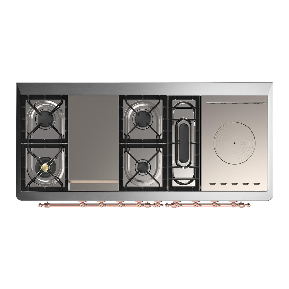 ILVE UM60FSQNR3MBPLP Majestic III 60 inch Dual Fuel Range with 7 Burners, Griddle and French Top, Dual Function Burner with up to 25,000 BTU (Liquid Propane, Solid Door, Midnight Blue, Copper)