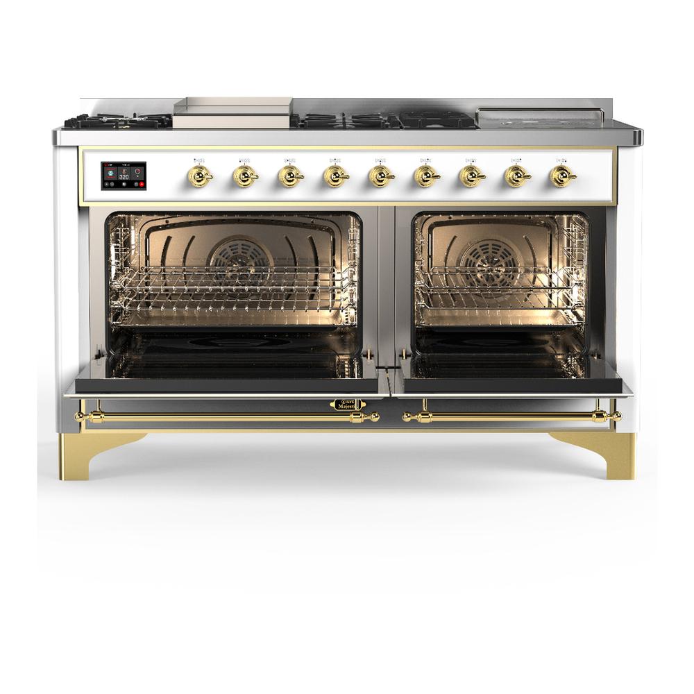 ILVE UM60FSQNR3WHG Majestic III 60 inch Dual Fuel Range with 7 Burners, Griddle and French Top, Dual Function Burner with up to 25,000 BTU (Natural Gas, Solid Door, White, Brass)