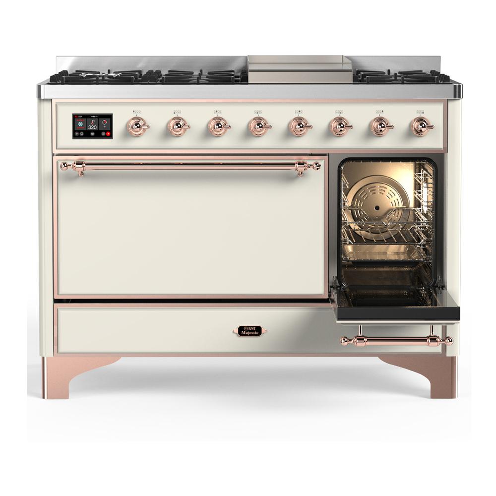ILVE UM48FQNR3AWPLP Majestic III 48 inch Dual Fuel Range with 8 Burners and Griddle, Dual Function Burner up to 25,000 BTU (Liquid Propane, Solid Door, Antique White, Copper)