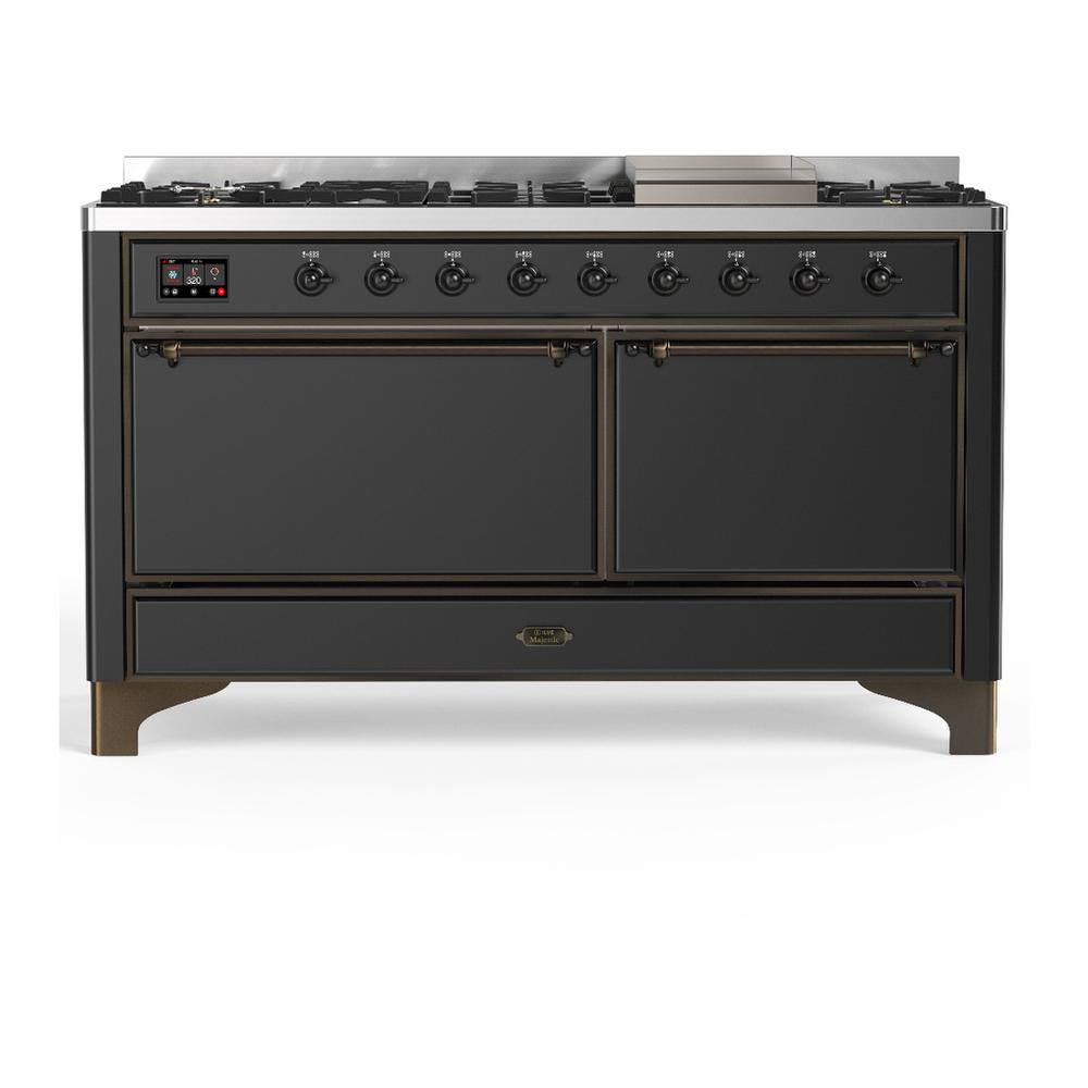 ILVE UM60FQNR3MGBLP Majestic III 60 inch Dual Fuel Range with 9 Burners and Griddle, Dual Function Burner up to 25,000 BTU (Liquid Propane, Solid Door, Graphite Matte, Burnished)