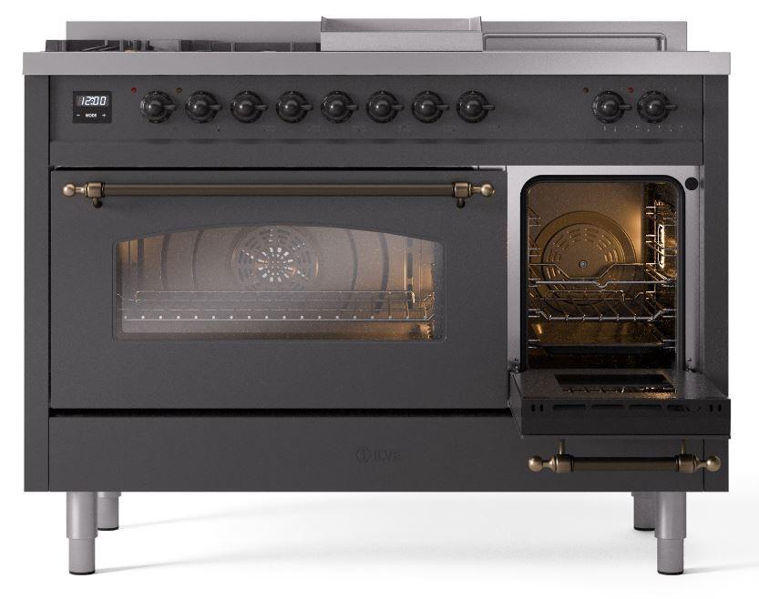 Nostalgie II 48 Inch Dual Fuel Natural Gas Freestanding Range in Matte Graphite with Bronze Trim