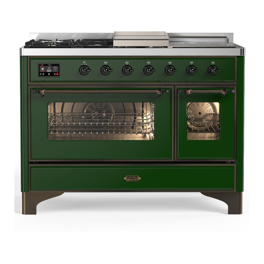 ILVE UM48FSNR3EGBLP Majestic III 48 inch Dual Fuel Range with 5 Black Brass Burners, Griddle and French Top, Dual Function Burner up to 25,000 BTU (Liquid Propane, Triple Glass Door, Emerald Green, Burnished)