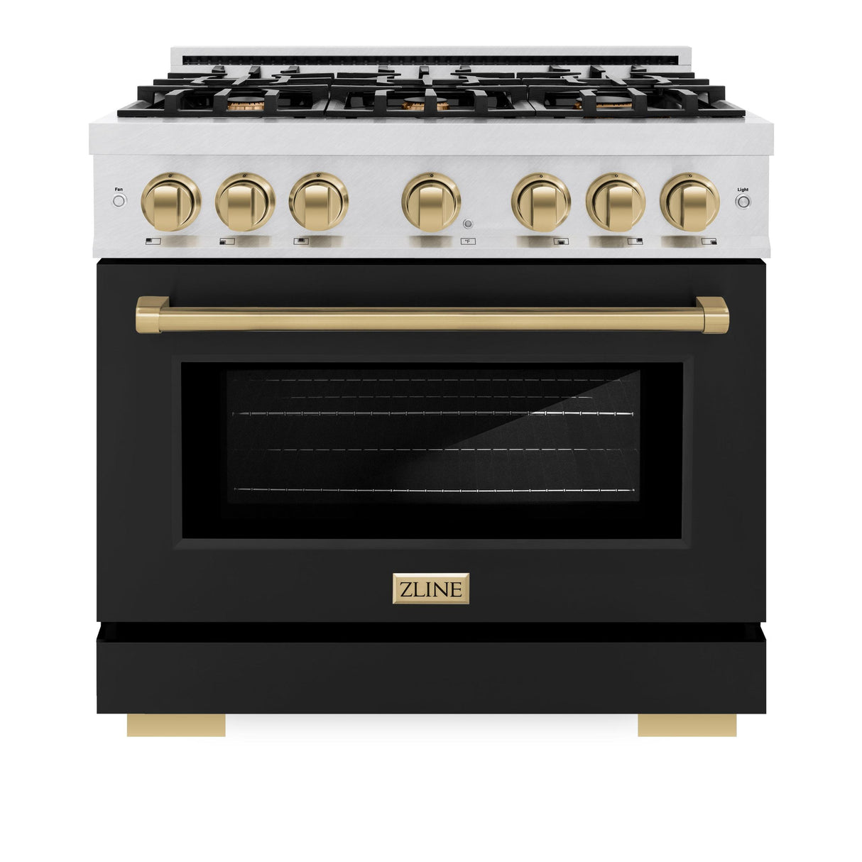 ZLINE Autograph Edition 36 in. 5.2 cu. ft. Select Gas Range with 6 Burner Cooktop and Convection Gas Oven in DuraSnow' Stainless Steel with Black Matte Door and Champagne Bronze Accents (HGRSZ-BLM-36-CB)