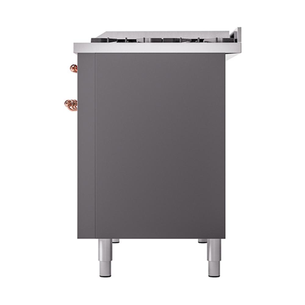 ILVE UN48FQNMPMGPLP Nostalgie II Noblesse 48 inch Dual Fuel Range (8 Sealed Burners + Griddle, Liquid Propane, Solid Door, Graphite Matte, Copper)