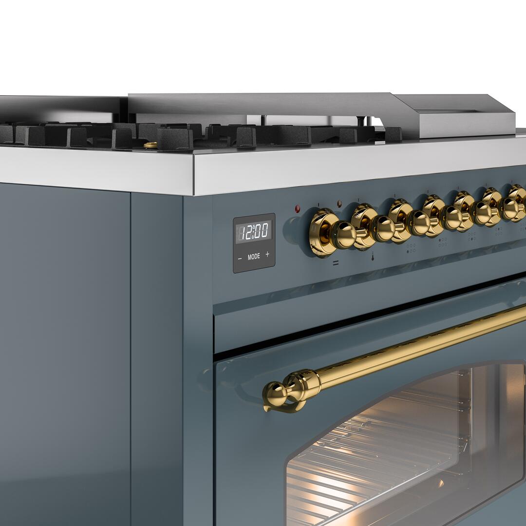 Nostalgie II 48 Inch Dual Fuel Liquid Propane Freestanding Range in Blue Grey with Brass Trim