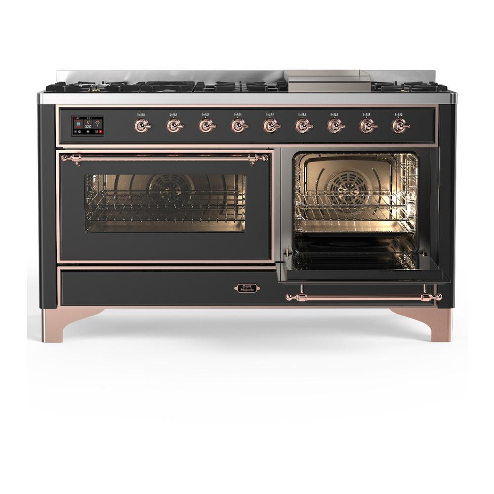 ILVE UM60FNR3MGP Majestic III 60 inch Dual Fuel Range with 9 Burners and Griddle, Dual Function Burner up to 25,000 BTU (Natural Gas, Triple Glass Door, Graphite Matte, Copper)