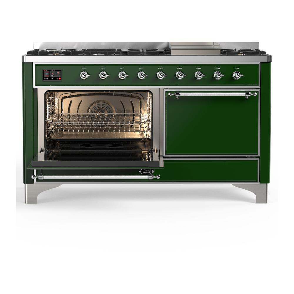 ILVE UM60FQNR3EGC Majestic III 60 inch Dual Fuel Range with 9 Burners and Griddle, Dual Function Burner up to 25,000 BTU (Natural Gas, Solid Door, Emerald Green, Chrome)
