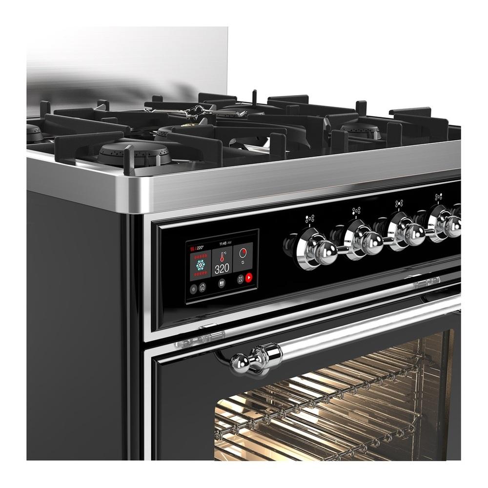 ILVE UM30NR3BKC Majestic III 30 inch Dual Fuel Range with 5 Black Brass Burners, Dual Function Burner up to 25,000 BTU (Natural Gas, Triple Glass Door, Glossy Black, Chrome)