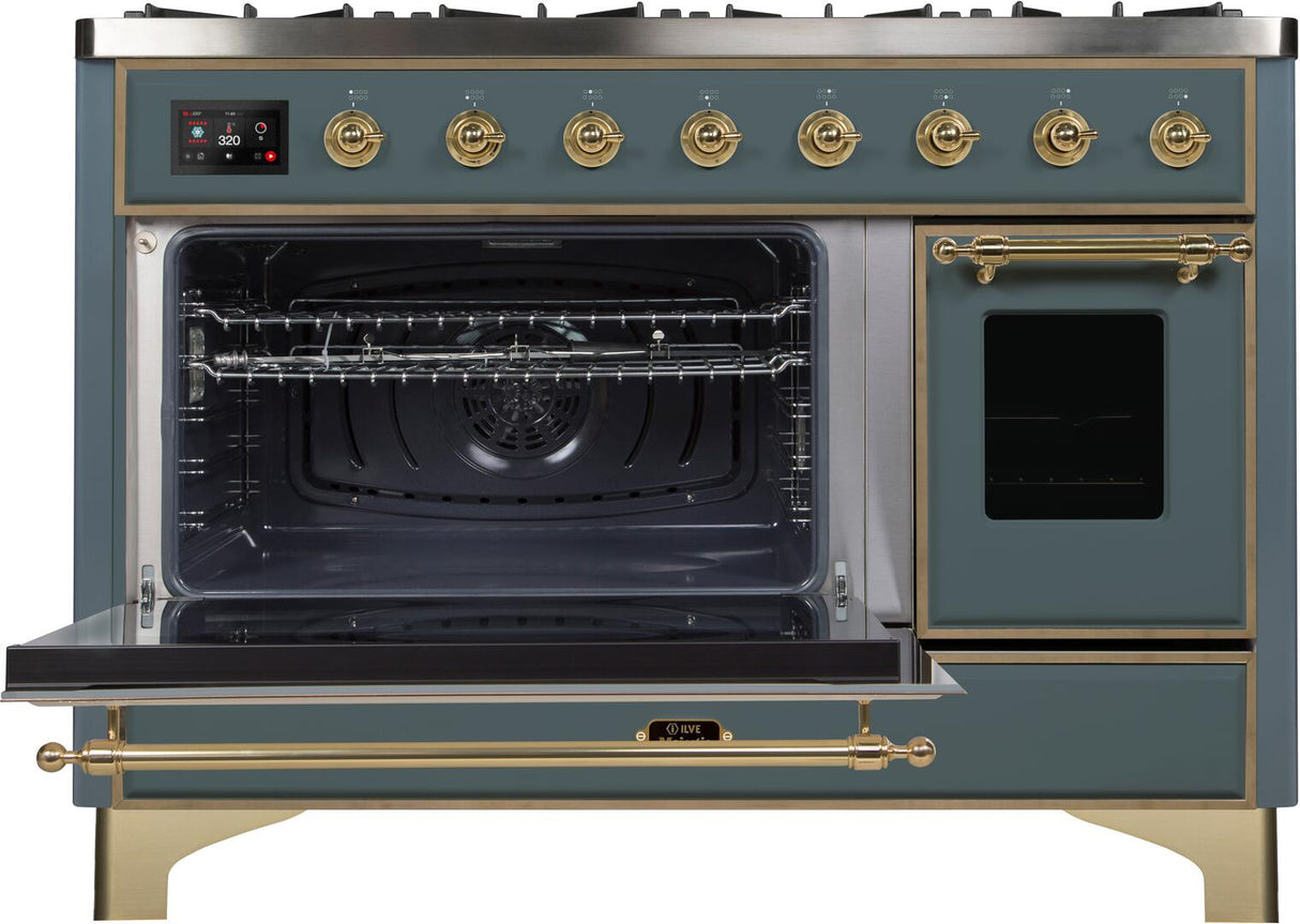 Majestic II 48 Inch Dual Fuel Natural Gas Freestanding Range in Blue Grey with Brass Trim