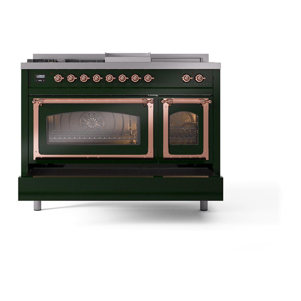ILVE UN48FSNMPEGP Nostalgie II Noblesse 48 inch Dual Fuel Range (5 Sealed Burners + Griddle + French Top, Natural Gas, Triple Glass Door, Emerald Green, Copper)