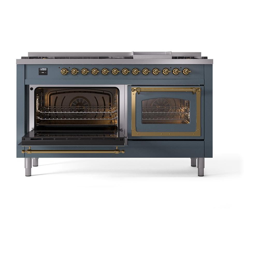 ILVE UN60FNMPBGGLP Nostalgie II Noblesse 60 inch Dual Fuel Range (9 Sealed Burners + Griddle, Liquid Propane, Triple Glass Door, Blue Grey, Brass)