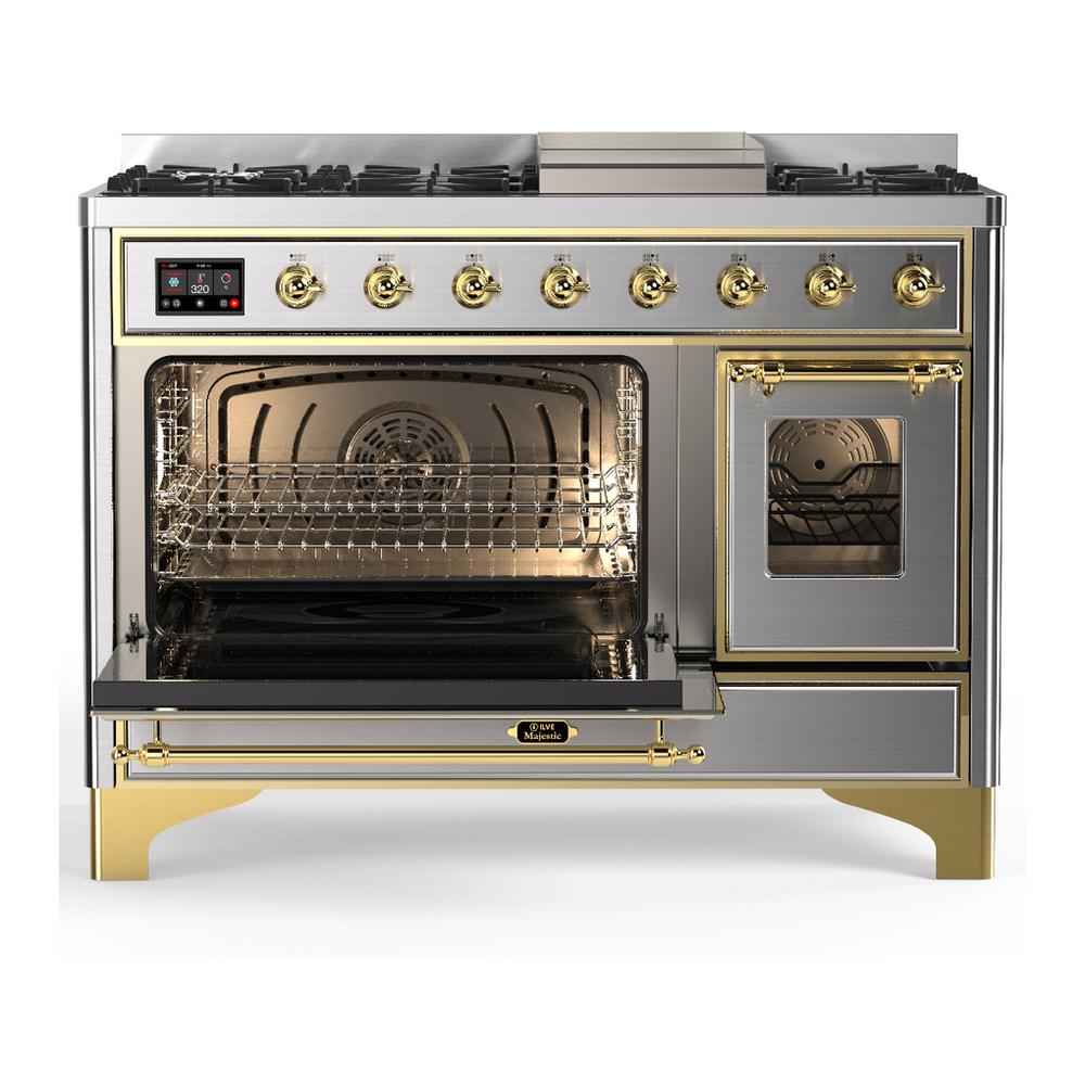 ILVE UM48FNR3SSG Majestic III 48 inch Dual Fuel Range with 8 Burners and Griddle, Dual Function Burner up to 25,000 BTU (Natural Gas, Triple Glass Door, Stainless Steel, Brass)