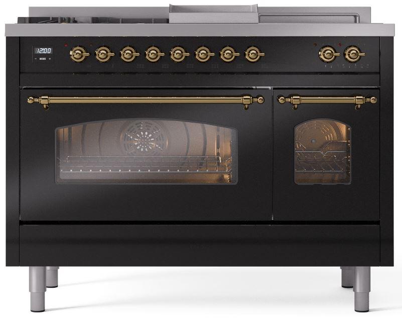 Nostalgie II 48 Inch Dual Fuel Natural Gas Freestanding Range in Glossy Black with Brass Trim