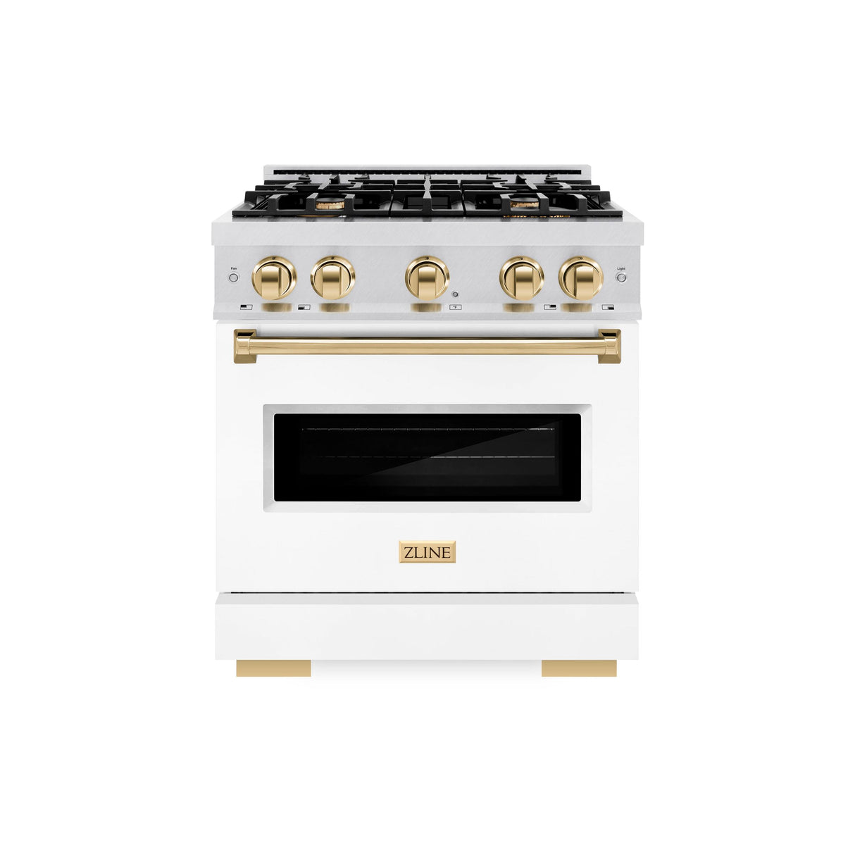 ZLINE Autograph Edition 30 in. 4.2 cu. ft. Classic Dual Fuel Range with 4 Burner Gas Cooktop and Electric Convection Oven in DuraSnow' Stainless Steel with White Matte Door and Polished Gold Accents (CDRSZ-WM-30-G)