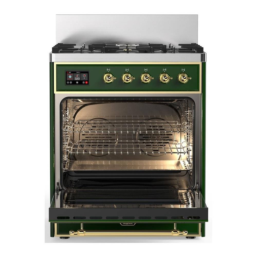 ILVE UM30QNR3EGGLP Majestic III 30 inch Dual Fuel Range with 5 Black Brass Burners, Dual Function Burner up to 25,000 BTU (Liquid Propane, Solid Door, Emerald Green, Brass)