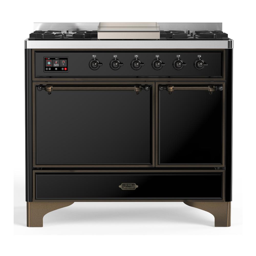ILVE UMD40FQNR3BKB Majestic III 40 inch Dual Fuel Range with 6 Burners and Griddle, Dual Function Burner up to 25,000 BTU (Natural Gas, Solid Door, Glossy Black, Burnished)