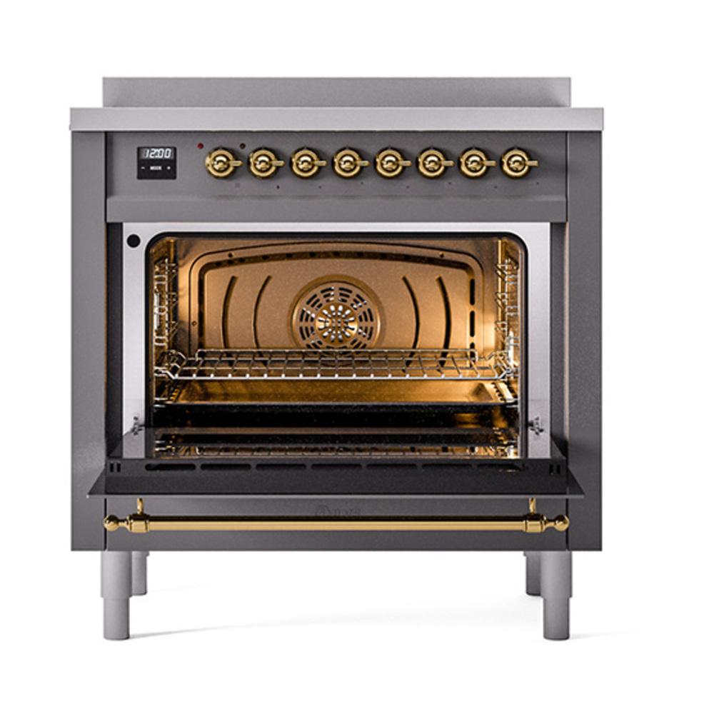 ILVE UNI366QNMPMGG Nostalgie II Noblesse 36 inch Induction Range (Solid Door, Graphite Matte, Brass)