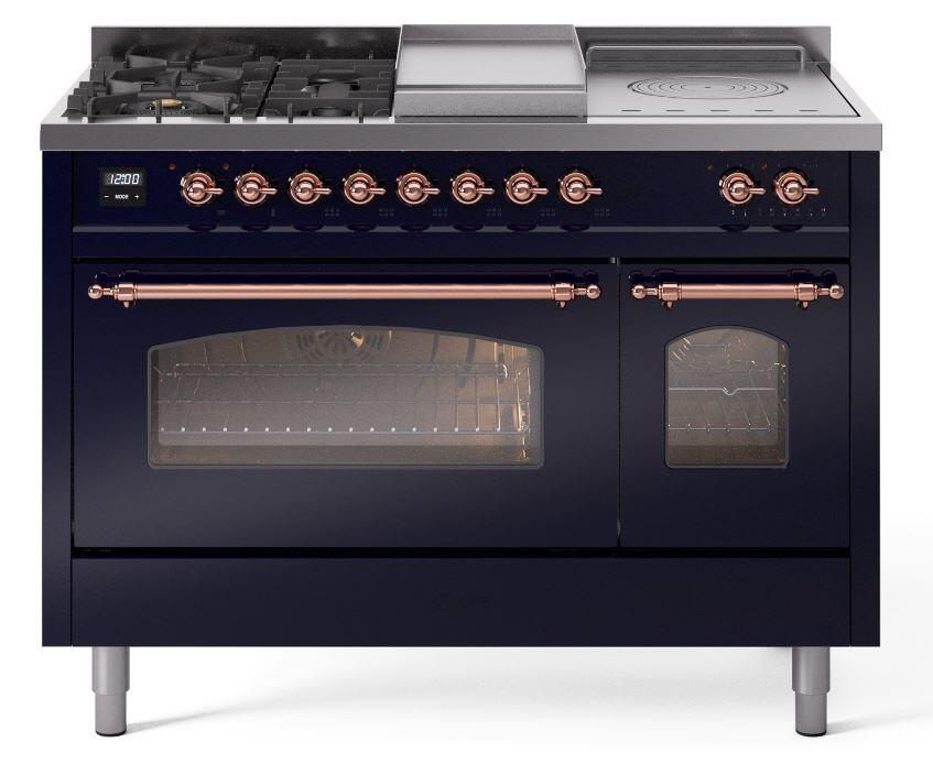 Nostalgie II 48 Inch Dual Fuel Liquid Propane Freestanding Range in Blue with Copper Trim