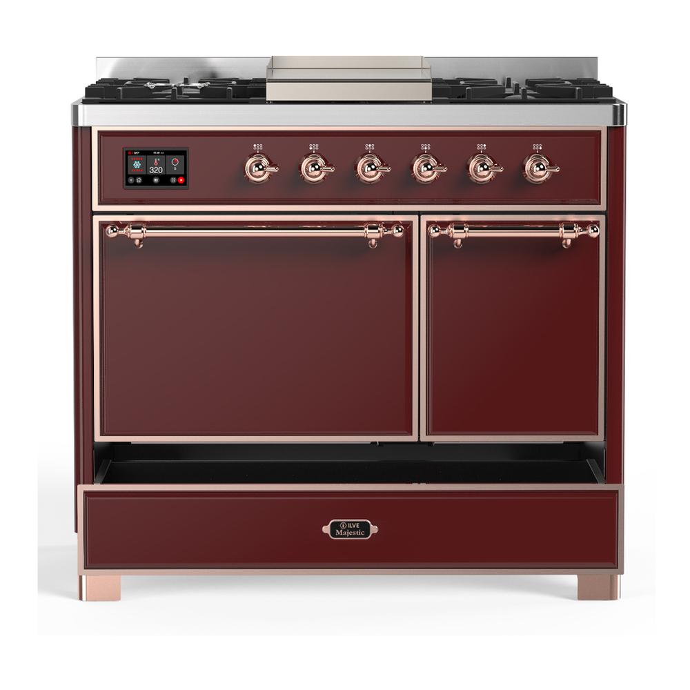 ILVE UMD40FQNR3BUPLP Majestic III 40 inch Dual Fuel Range with 6 Burners and Griddle, Dual Function Burner up to 25,000 BTU (Liquid Propane, Solid Door, Burgundy, Copper)
