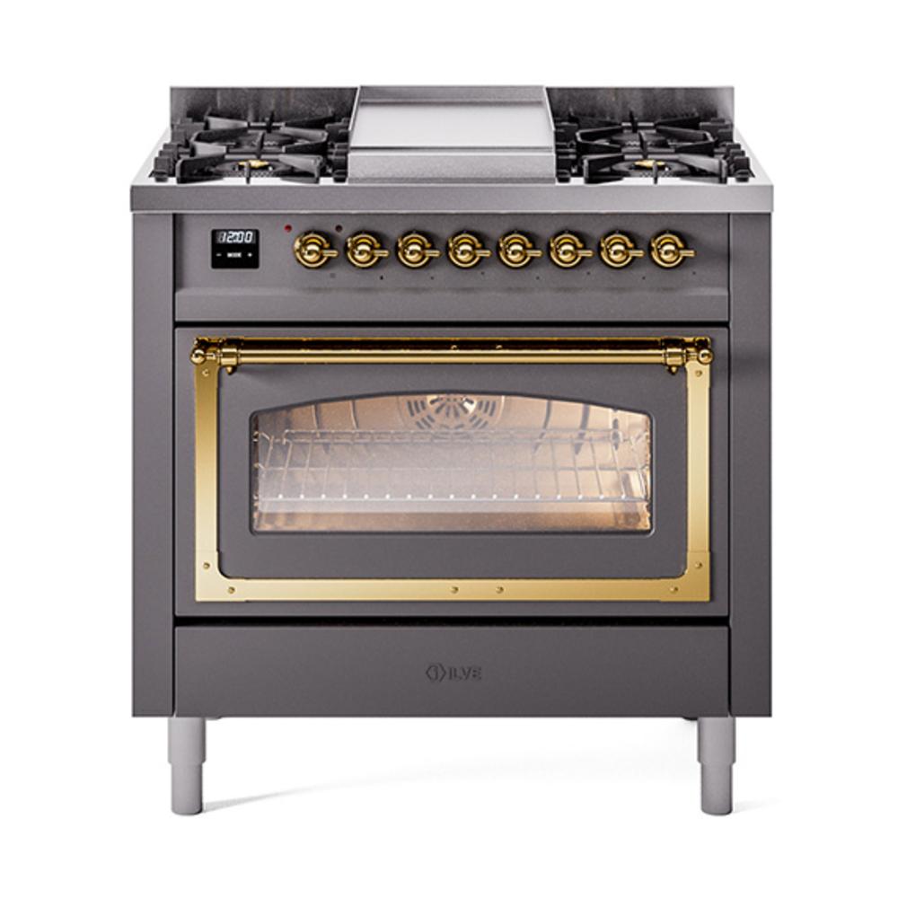 ILVE UN36FNMPMGGLP Nostalgie II Noblesse 36 inch Dual Fuel Range (Liquid Propane, Triple Glass Door, Graphite Matte, Brass)