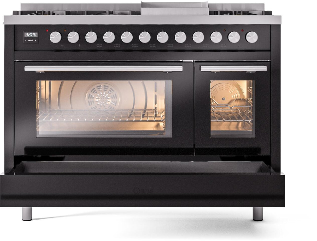 Professional Plus II 48 Inch Dual Fuel Liquid Propane Freestanding Range in Glossy Black with Trim
