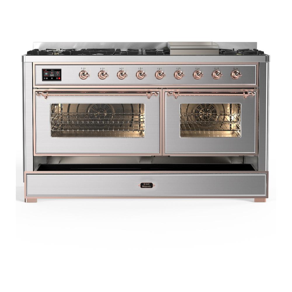 ILVE UM60FNR3SSP Majestic III 60 inch Dual Fuel Range with 9 Burners and Griddle, Dual Function Burner up to 25,000 BTU (Natural Gas, Triple Glass Door, Stainless Steel, Copper)