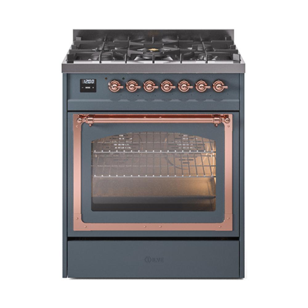 ILVE UN30NMPBGPLP Nostalgie II Noblesse 30 inch Dual Fuel Range (Liquid Propane, Triple Glass Door, Blue Grey, Copper)